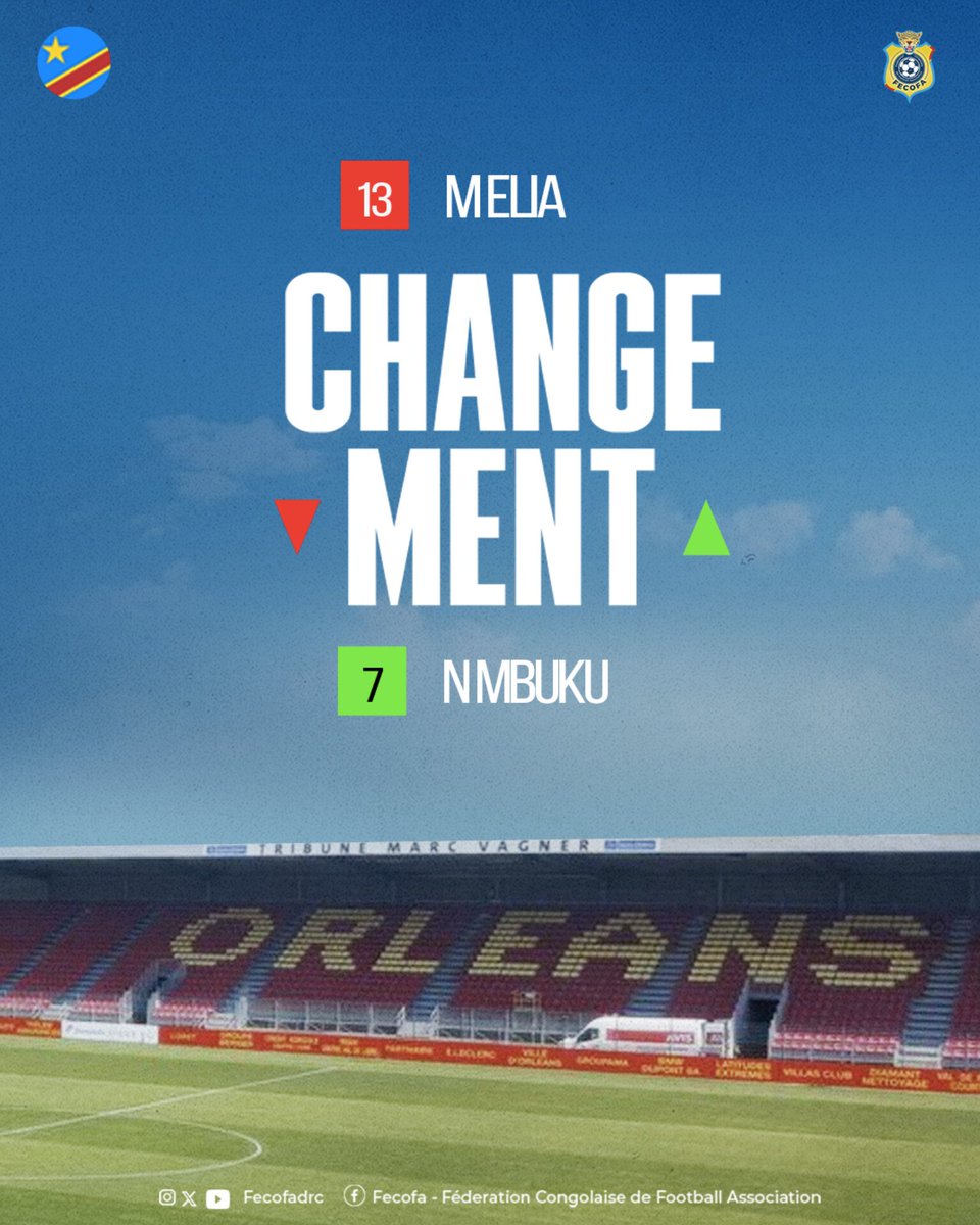 Amical International 🇨🇩⚔️🇲🇱 |

⏱ 80' | Nouveau changement pour les Léopards 🐆 
Mbuku pour Elia 

🏁 RD Congo 🇨🇩 vs 🇲🇱 Mali
⏱️ 1-0 | 82'

#AllezLesLéopards 💪🏽 #RDCMali #FecofaRDC #MatchDay
#RDC #RDCongo