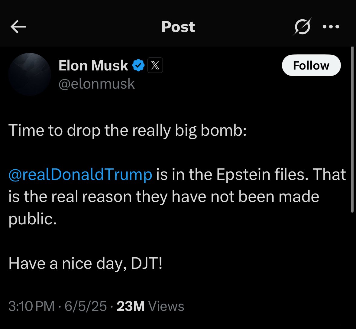 davey (@jerseyh0mo) on Twitter photo The big story here isn’t that Donald Trump is in the Epstein Files. We all knew that. The real story is that Elon Musk knew and still gave him hundreds of millions of dollars to become president because he thought it would benefit him. The big story here isn’t that Donald Trump is in the Epstein Files. We all knew that. The real story is that Elon Musk knew and still gave him hundreds of millions of dollars to become president because he thought it would benefit him.