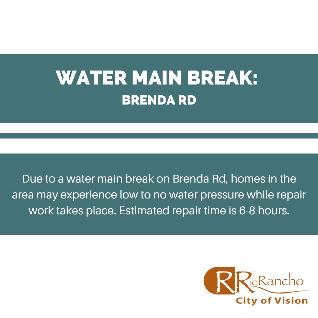 Due to a water main break on Brenda Rd, homes in the area may experience low to no water pressure while repair work takes place. Estimated repair time is 6-8 hours.