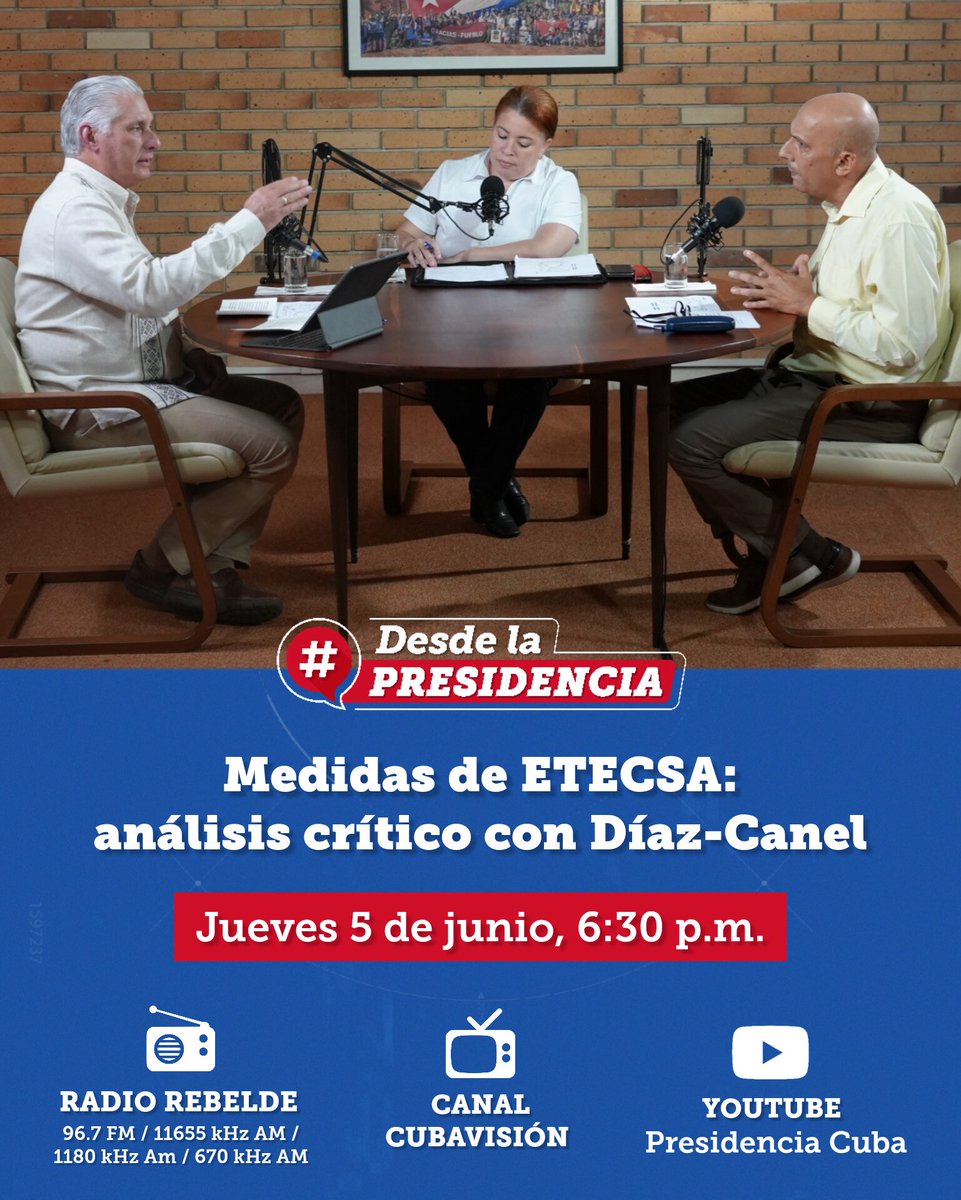 Mesa Redonda (@mesaredondacuba) on Twitter photo “Desde la Presidencia”, el podcast del presidente <a href="/DiazCanelB/">Miguel Díaz-Canel Bermúdez</a>, propone este jueves un acercamiento crítico a las medidas anunciadas por <a href="/ETECSA_Cuba/">ETECSA</a> para enfrentar los problemas financieros que amenazan a la empresa.
Se transmitirá en la Mesa Redonda a partir de las 6:30 pm. “Desde la Presidencia”, el podcast del presidente <a href="/DiazCanelB/">Miguel Díaz-Canel Bermúdez</a>, propone este jueves un acercamiento crítico a las medidas anunciadas por <a href="/ETECSA_Cuba/">ETECSA</a> para enfrentar los problemas financieros que amenazan a la empresa.
Se transmitirá en la Mesa Redonda a partir de las 6:30 pm.
