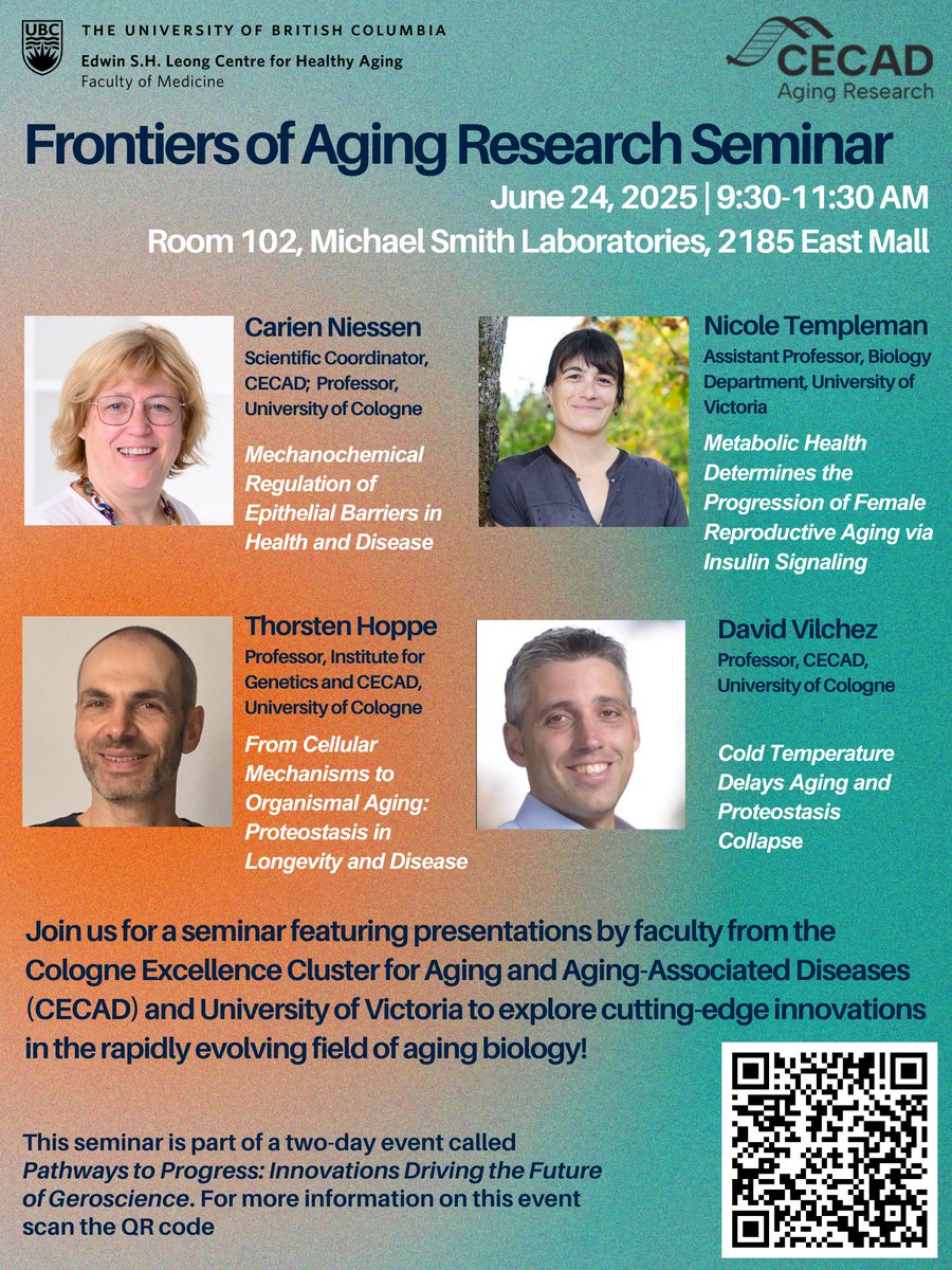 Edwin S.H. Leong Centre for Healthy Aging (@ubcaging) on Twitter photo Join us for the Frontiers in Aging Research Seminar at UBC on June 24th! Hear from experts at @CECAD_Cologne & <a href="/uvic/">UniversityOfVictoria</a> in aging biology! This seminar is part of a 2-day event, "Pathways to Progress: Innovations Driving Geroscience" 🧬
📅 No reg. needed for the seminar! Join us for the Frontiers in Aging Research Seminar at UBC on June 24th! Hear from experts at @CECAD_Cologne & <a href="/uvic/">UniversityOfVictoria</a> in aging biology! This seminar is part of a 2-day event, "Pathways to Progress: Innovations Driving Geroscience" 🧬
📅 No reg. needed for the seminar!