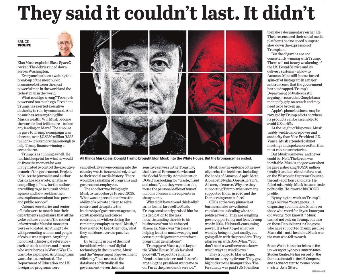 Bruce Wolpe (@bwolpe) on Twitter photo Elon Musk exploded like a SpaceX rocket. Everyone has been awaiting the breakup of the bromance between the most powerful man in the world and the richest man in the world. What could go wrong? Too much power and too much ego. Musk was the man who fell to earth-BW <a href="/USSC/">United States Studies Centre</a>. Elon Musk exploded like a SpaceX rocket. Everyone has been awaiting the breakup of the bromance between the most powerful man in the world and the richest man in the world. What could go wrong? Too much power and too much ego. Musk was the man who fell to earth-BW <a href="/USSC/">United States Studies Centre</a>.