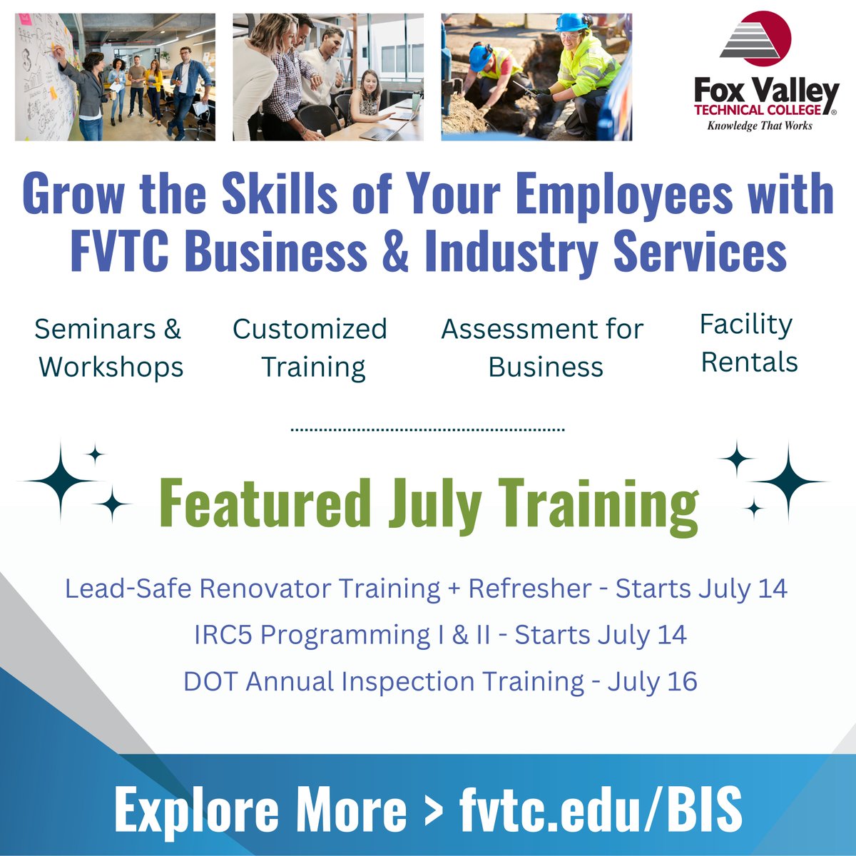📅 July training highlights:
🚛 DOT Annual Inspection
🤖 IRC5 Programming I &amp; II
🏠 Lead-Safe Renovator (Initial + Refresher)

Build skills. Stay certified. Advance your career.
🔗 ow.ly/ftUQ50W4pxP

#TrainingOpportunities #WorkforceTraining #JulyCalendar #FVTCBIS
