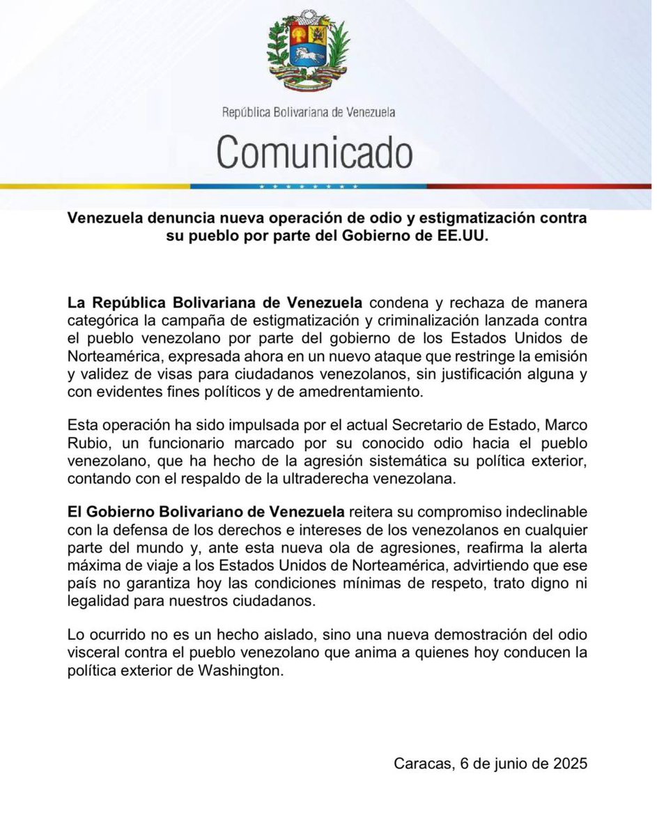 #Comunicado 📢 Venezuela denuncia nueva operación de odio y estigmatización contra su pueblo por parte del Gobierno de EE. UU.

La República Bolivariana de Venezuela condena y rechaza de manera categórica la campaña de estigmatización y criminalización lanzada contra el pueblo