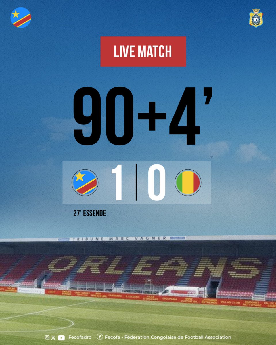 4 minute de temps additionnel. 
On jouera 4 minutes de plus durant cette seconde période, et les Léopards 🐆 sont toujours devant au tableau d'affichage. 

🏁 RD Congo 🇨🇩 vs 🇲🇱 Mali
⏱️ 1-0 | 90+4’

#AllezLesLéopards 💪🏽 #RDCMali #FecofaRDC