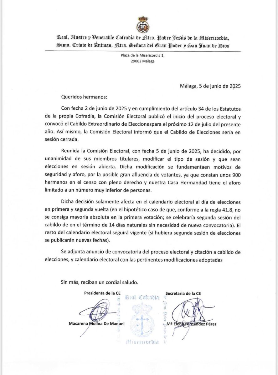 Informamos de la decisión acordada por la Comisión Electoral en el día de hoy. (SESIÓN ABIERTA, EL 12 DE JULIO DE 2025, EN HORARIO DE 12:00 H. A 18:00 H.), nuevo anuncio de convocatoria del proceso electoral y
citación a cabildo de elecciones, y nuevo calendario electoral.