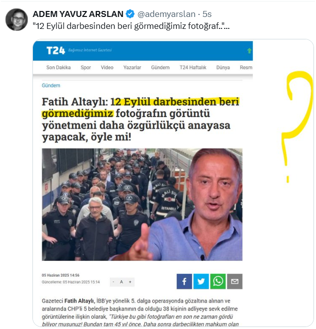 Devlet partisi CHP 12 Eylül'den beri ilk kez gözaltına alınınca gözleri açıldı!
Memleleketin gariban evlatları, kız çocuklar, askeri öğrenciler evleri basılıp işkence ile alınsa da Fatih Altaylı gillerce haber değeri görmüyor! #KHKlılardanBayramÇağrısı