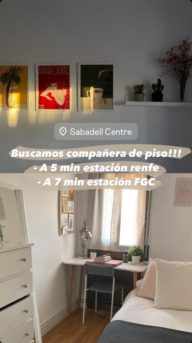 Hola😊 Busquem una companya de pis a Sabadell (Centre) pel curs 25/26. 
A 15min de la UAB!! 
S’agraeix difusió💘💘