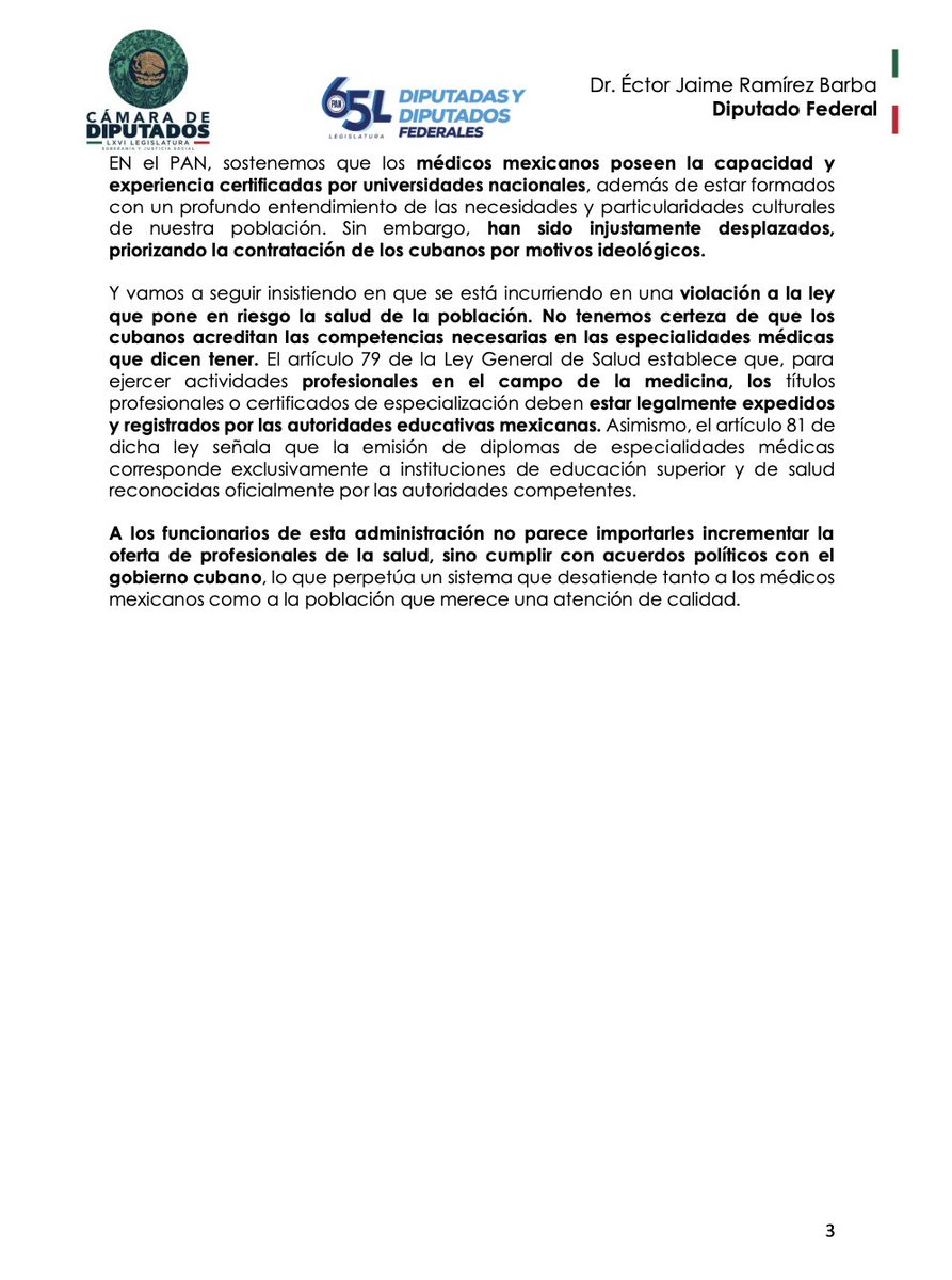 ectorjaime's tweet image. Exigimos a la presidenta @Claudiashein suspender los convenios con médicos cubanos 👇

El gobierno no puede ser cómplice de una situación de explotación laboral

Además, el IMSS-Bienestar y el IMSS, han traído cubanos que carecen de las acreditaciones para ejercer la medicina en…