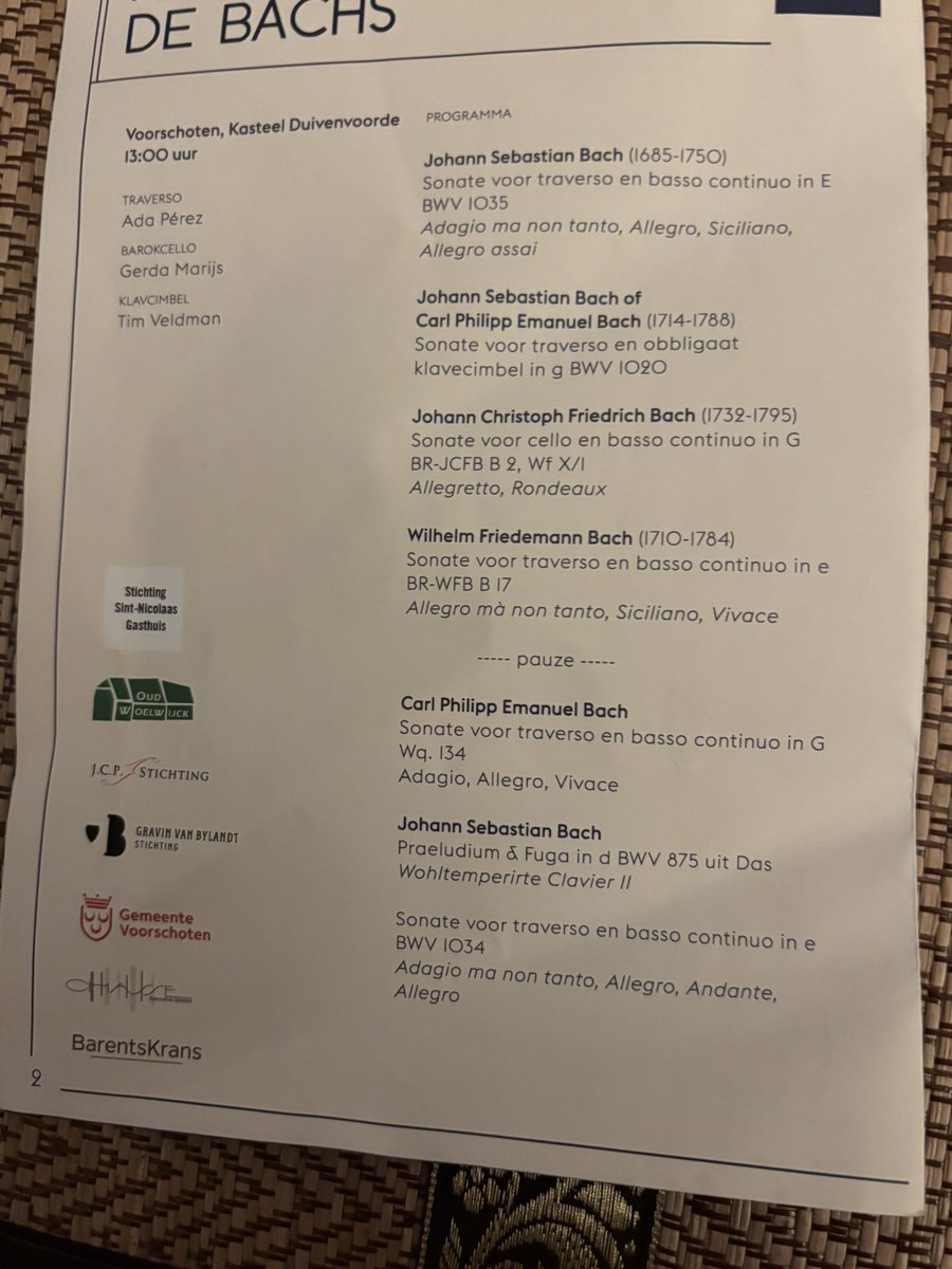 Great concert at Castle Duivenvoorde by Ada Pérez (traverso), Elianne Ardts (Baroque cello)&amp; Tim Veldman (harpsicord) organized by Musica Antica. Traverso sonates by JS Bach &amp; sons, Johann Christoph, Carl Philipp &amp; Wilhelm Friedeman Bach. Superb performance by 3 top musicians!!