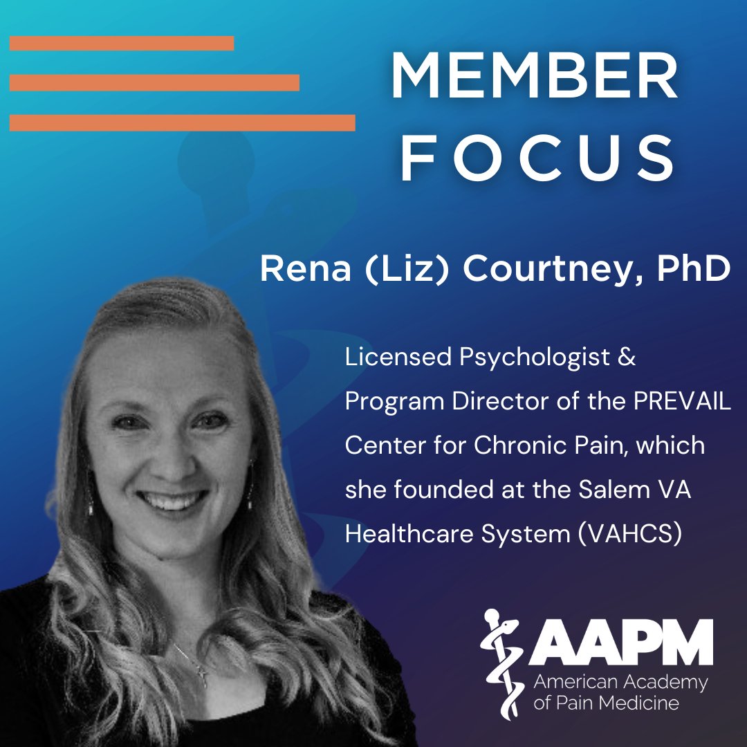 American Academy of Pain Medicine (AAPM) (@ameracadpainmed) on Twitter photo 👏 Meet Dr. Rena “Liz” Courtney—AAPM’s June #MemberFocus.
She leads the PREVAIL Center for Chronic Pain at the Salem VA (<a href="/DeptVetAffairs/">Veterans Affairs</a>), expanding access to behavioral pain care for underserved Veterans.
Read more about her national recognition: bit.ly/4dO6NaJ 👏 Meet Dr. Rena “Liz” Courtney—AAPM’s June #MemberFocus.
She leads the PREVAIL Center for Chronic Pain at the Salem VA (<a href="/DeptVetAffairs/">Veterans Affairs</a>), expanding access to behavioral pain care for underserved Veterans.
Read more about her national recognition: bit.ly/4dO6NaJ
