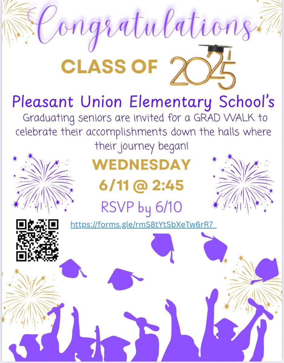 Attention high school seniors who attended PUE- Congratulations on your upcoming graduation! We are excited to invite you to join us for a Grad Walk through the halls of your former elementary school. 
Register here: 
forms.gle/aVsWmuNm8Ry6xm…