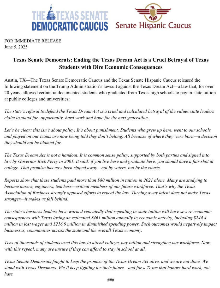 Menendez4Texas's tweet photo. Texas Senate Democrats: Ending the Texas Dream Act is a Cruel Betrayal of Texas Students with Dire Economic Consequences
The Texas #DreamAct is not a handout. Reports show that these students paid more than $80 million in tuition in 2021 alone.
@TXSenHispanics
#txlege #txshc https://t.co/pRTTui5WR5
