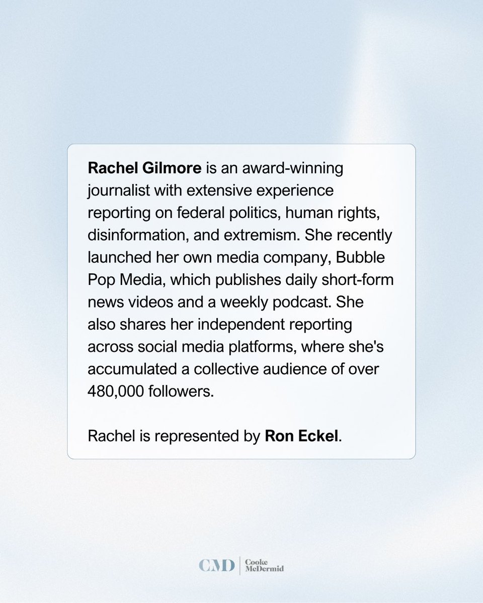 We are so thrilled to welcome Rachel Gilmore to CookeMcDermid! She is represented by Ron Eckel
