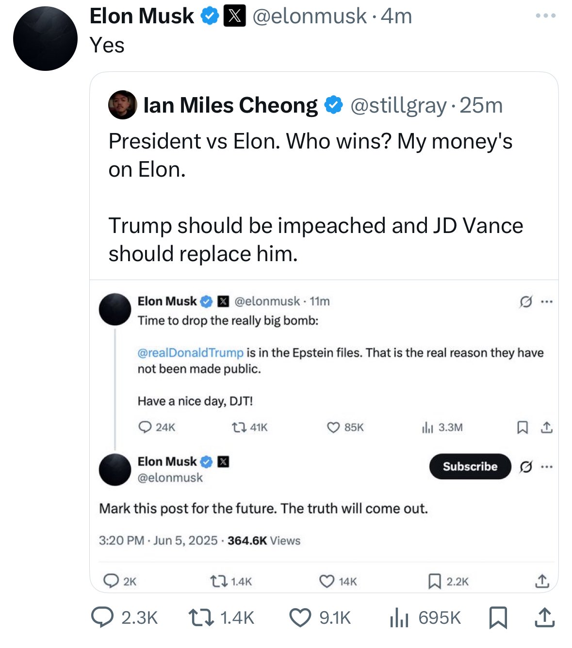 Tom Dreisbach on X: "Elon Musk now agrees with a post saying Trump should be impeached and replaced https://t.co/a8MkVkje1e" / X