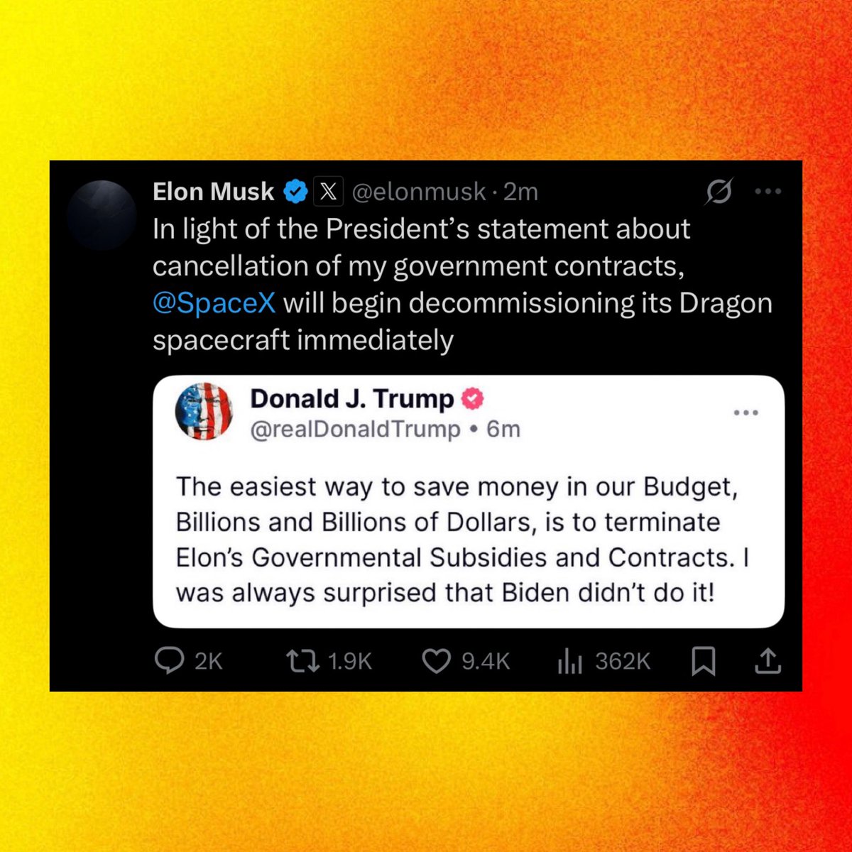 PopCrave's tweet photo. Donald Trump announces he will terminate Elon Musk’s government subsidies and contracts.

Musk responds and says he will decommission SpaceX’s Dragon spacecraft. https://t.co/nMIZL15uhy