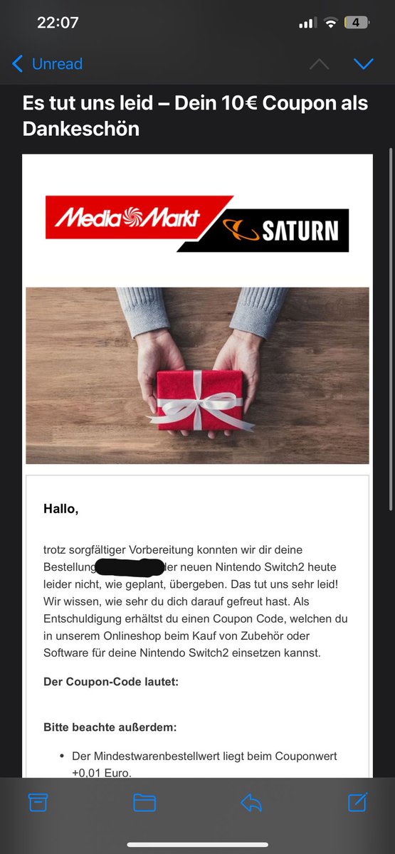 #Mediamarkt danke für den Coupon:) wie löse ich den denn bitte ein?

Schon schade, dass ich direkt am 2.4. als es möglich war die #Switch2 vorbestellt habe, damit ich sie zum Launch bekomme. Wär ich trottel einfach ohne Bestellung in den Laden gegangen, dann hätte ich sie jetzt🤦🏾‍♂️