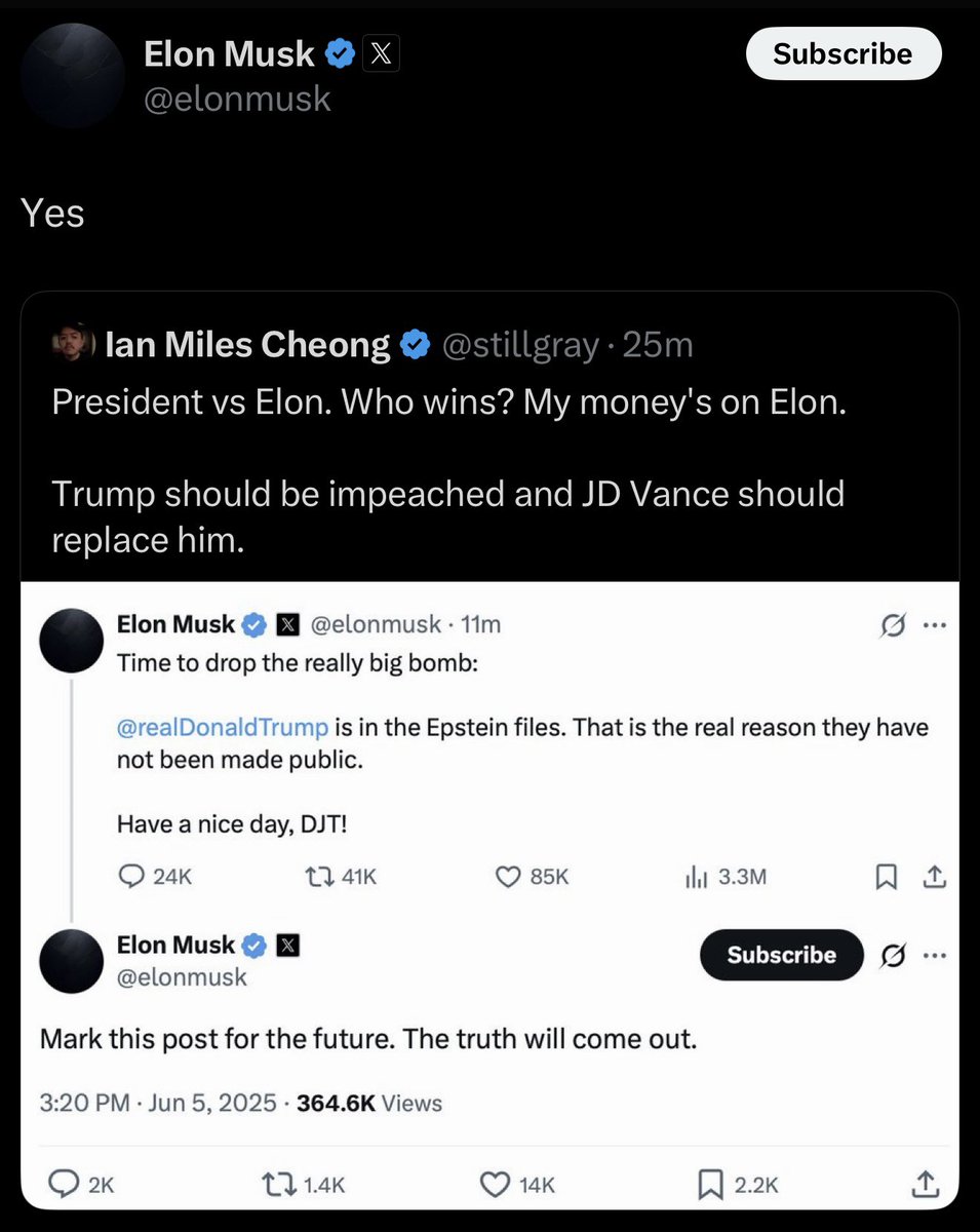 sentdefender's tweet photo. Elon Musk says that President Trump should be impeached, removed from office, and replaced with JD Vance. https://t.co/QbENbRlxQJ