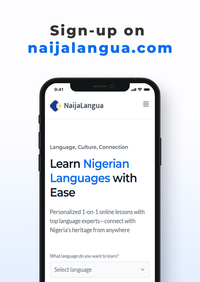 🌍 Naija-Langua is live!
Calling all Nigerians in the diaspora 🇳🇬✈️. Now you can learn to speak your native language and connect with your roots.

🗣️ 1-on-1 lessons with real tutors
🌐 Learn ANY Nigerian language (Yoruba, Edo, Fulani, Igbo, Hausa, Urhobo &amp; more)
💻 100% online 👇