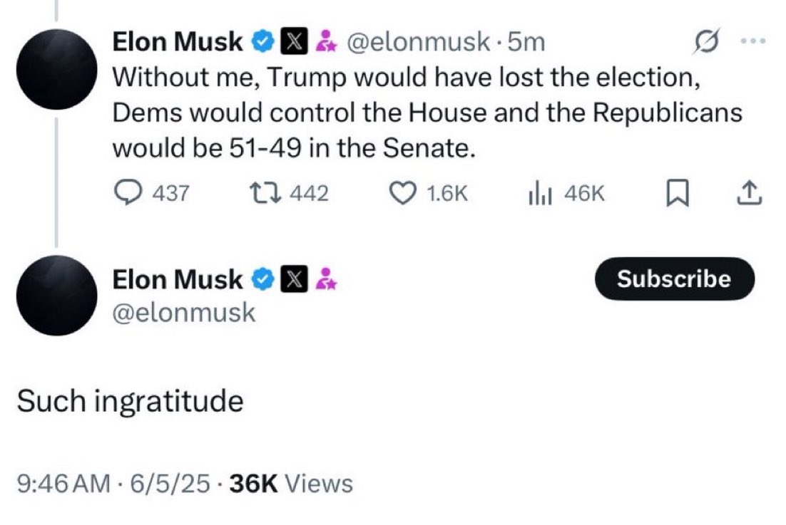 🍿🍿🍿Entao... A criatura comecou a se achar maior do que o criador... 

A briga entre o Musk e o Trump está apenas comecando... E o Musk tem ao seu lado os tech-bros, nerds milionarios com egos maiores do que suas contas correntes. A troco de que o Musk resolveu tornar tudo isto