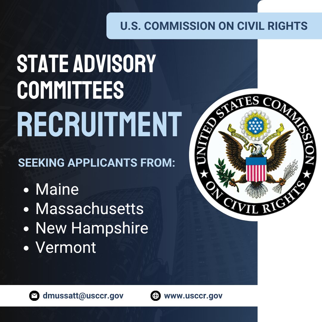 📢 The <a href="/USCCRgov/">USCCR</a> is currently recruiting members for its bipartisan State Advisory Committees, particularly for #Massachusetts, #Maine, #NewHampshire, and #Vermont. Interested applicants can learn more here: usccr.gov/advisory-commi…