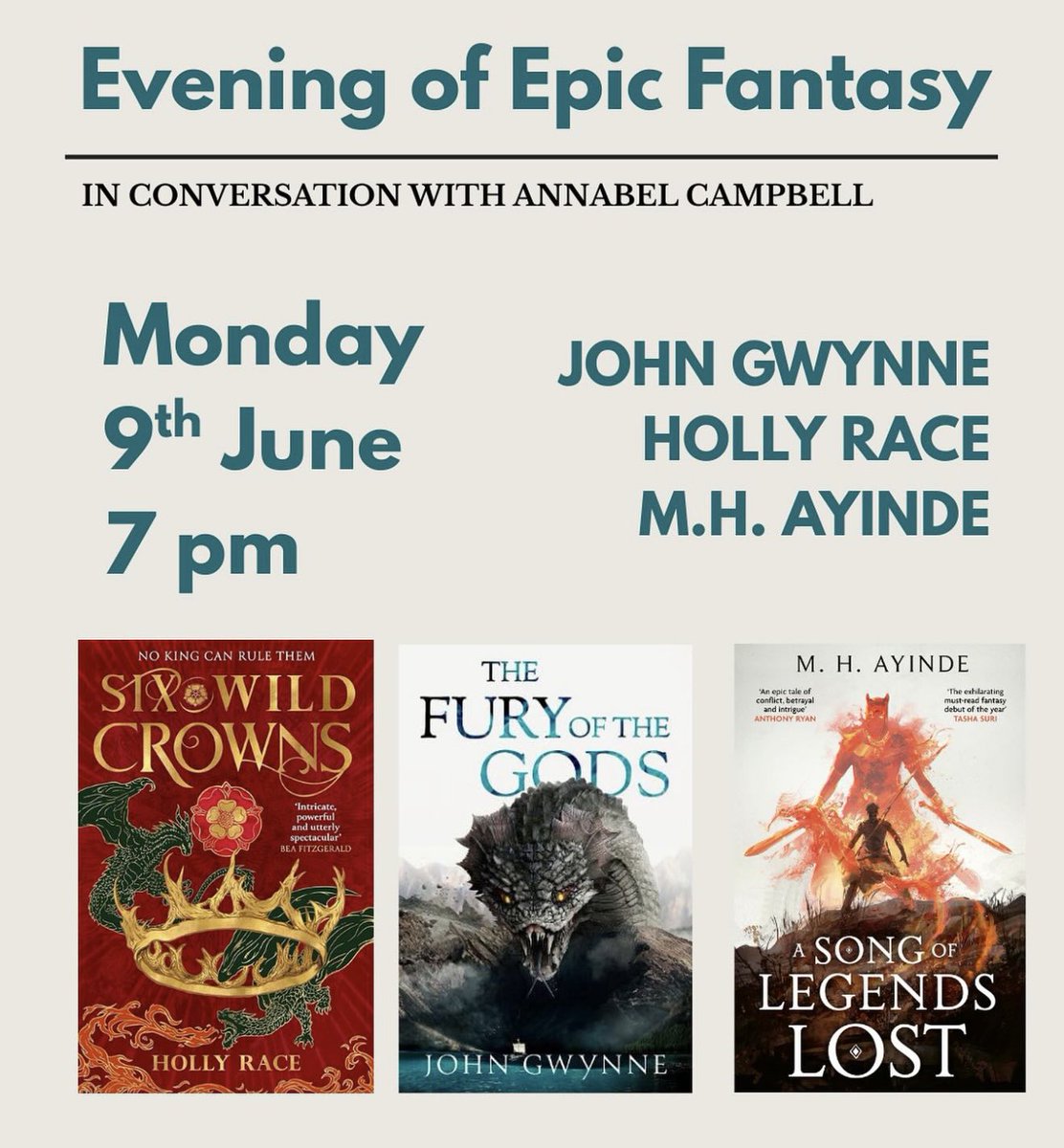 John Gwynne (@johngwynne_) on Twitter photo I’m very happy to be in Scotland this coming weekend at <a href="/CymeraF/">Cymera Festival</a> where I’ll be chatting with the excellent Tasha Suri.
On Monday I will then be at <a href="/WaterstonesGla/">Waterstones Glasgow</a> with <a href="/MHAyinde/">M H Ayinde 🍉 A SONG OF LEGENDS LOST out NOW!</a> Holly Race and Annabel Campbell. Really looking forward to it.
The links to tickets are below 👇 I’m very happy to be in Scotland this coming weekend at <a href="/CymeraF/">Cymera Festival</a> where I’ll be chatting with the excellent Tasha Suri.
On Monday I will then be at <a href="/WaterstonesGla/">Waterstones Glasgow</a> with <a href="/MHAyinde/">M H Ayinde 🍉 A SONG OF LEGENDS LOST out NOW!</a> Holly Race and Annabel Campbell. Really looking forward to it.
The links to tickets are below 👇