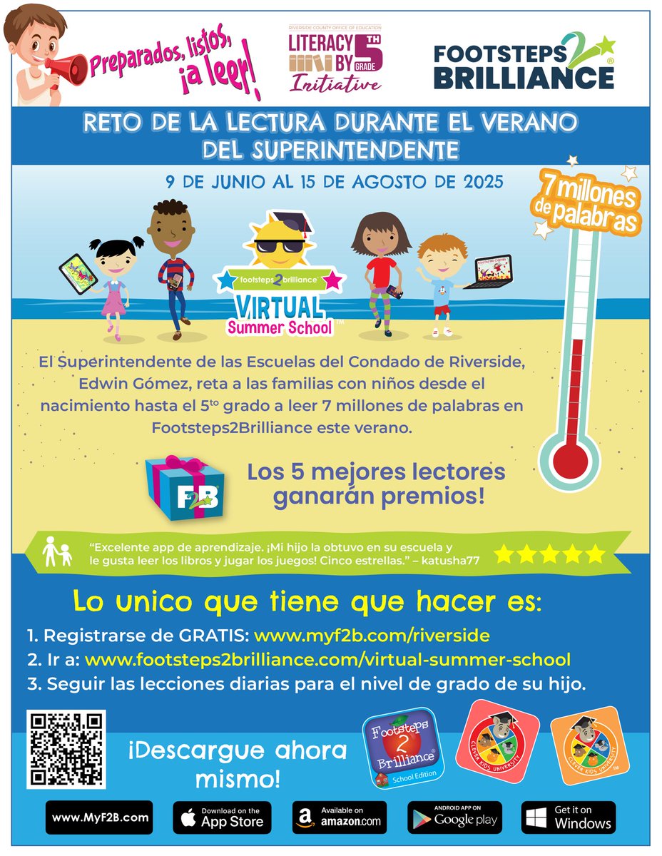 RivCo Office of Education (@rcoe) on Twitter photo Ready, Set, Read!! <a href="/RivCoSchoolSupt/">Edwin Gomez, Ed.D.</a> is challenging #RivCo families with kids birth - 5th grade to read 7 Million Words on the FREE Footsteps2Brilliance app this summer. Challenge starts Monday, June 9, so make sure the <a href="/MyF2B/">Footsteps2Brilliance</a> app is available for your child’s summer reading.📖📚 Ready, Set, Read!! <a href="/RivCoSchoolSupt/">Edwin Gomez, Ed.D.</a> is challenging #RivCo families with kids birth - 5th grade to read 7 Million Words on the FREE Footsteps2Brilliance app this summer. Challenge starts Monday, June 9, so make sure the <a href="/MyF2B/">Footsteps2Brilliance</a> app is available for your child’s summer reading.📖📚