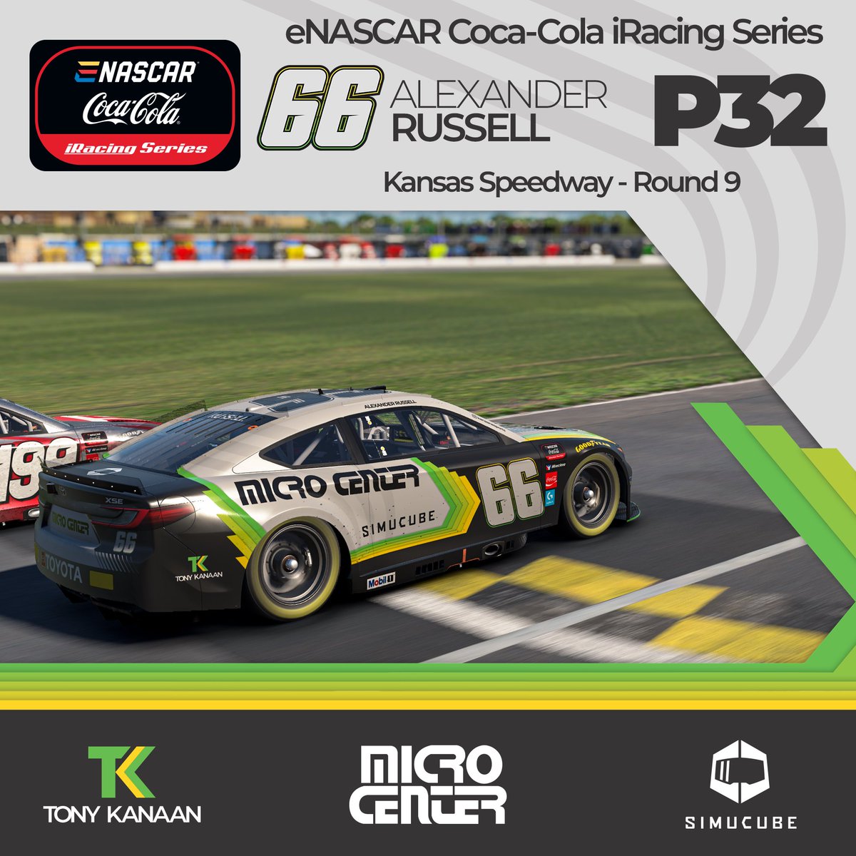 Kanaan eSports (@kanaanesports) on Twitter photo Round 9 - Kansas Speedway β
ποΈ #11 <a href="/vicente_salas14/">Vicente Salas</a> - P5
ποΈ #66 <a href="/Captincanada5/">Alexander Russell</a> - P32
<a href="/iRacing/">iRacing</a> <a href="/microcenter/">Micro Center</a> <a href="/Simucube/">SIMUCUBE</a> <a href="/TonyKanaan/">Tony Kanaan</a> <a href="/ENASCARGG/">ENASCAR</a> Round 9 - Kansas Speedway β
ποΈ #11 <a href="/vicente_salas14/">Vicente Salas</a> - P5
ποΈ #66 <a href="/Captincanada5/">Alexander Russell</a> - P32
<a href="/iRacing/">iRacing</a> <a href="/microcenter/">Micro Center</a> <a href="/Simucube/">SIMUCUBE</a> <a href="/TonyKanaan/">Tony Kanaan</a> <a href="/ENASCARGG/">ENASCAR</a>