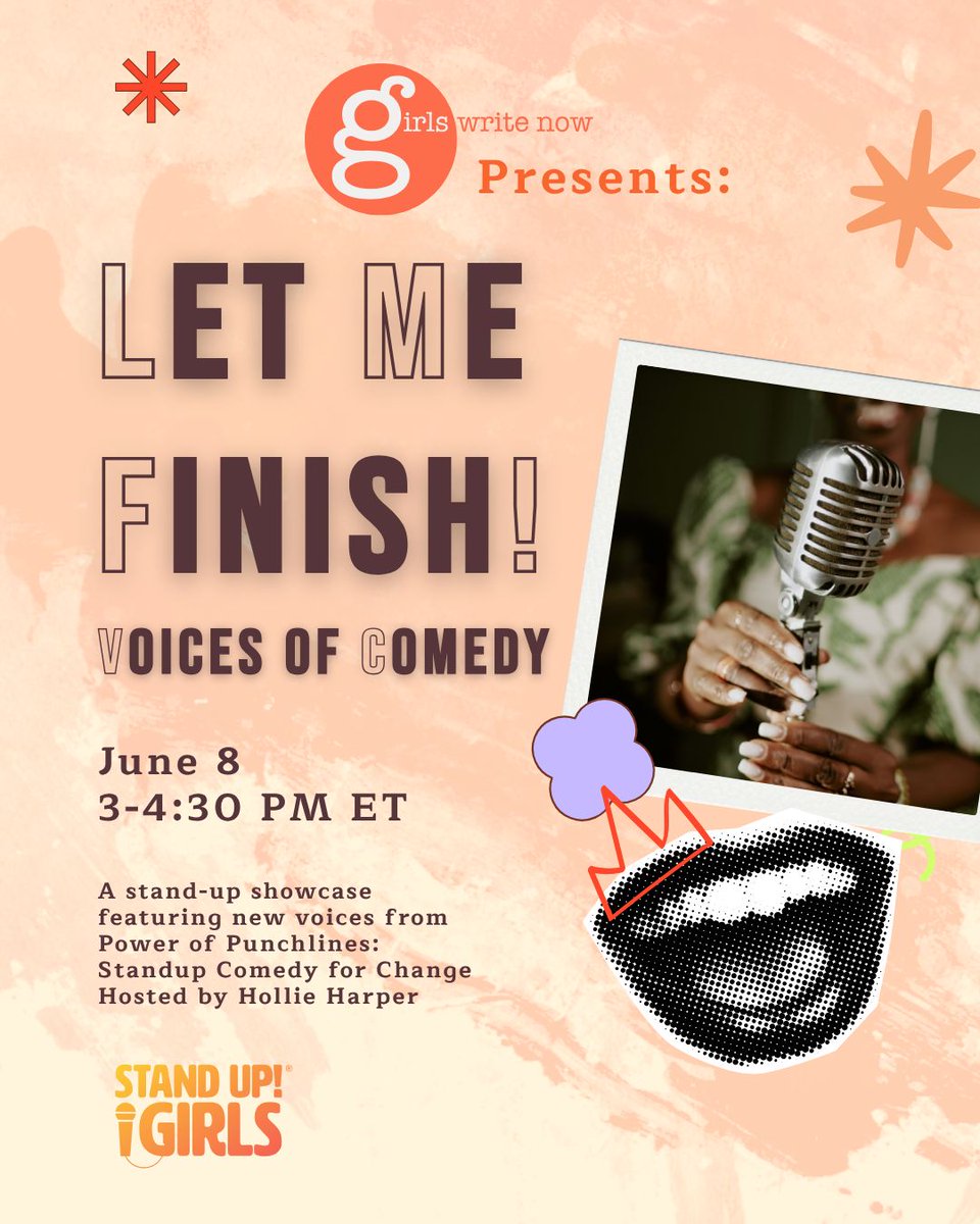 Enjoy a comedy lineup filled with big laughs, bold stories, and plenty of heart, as Girls Write Now mentees take the mic for their stand-up comedy debut! After the show, stick around to mingle and celebrate! <a href="/standupgirlsnyc/">Stand Up! Girls</a> 

Register Now: buff.ly/QfBb2Cv
