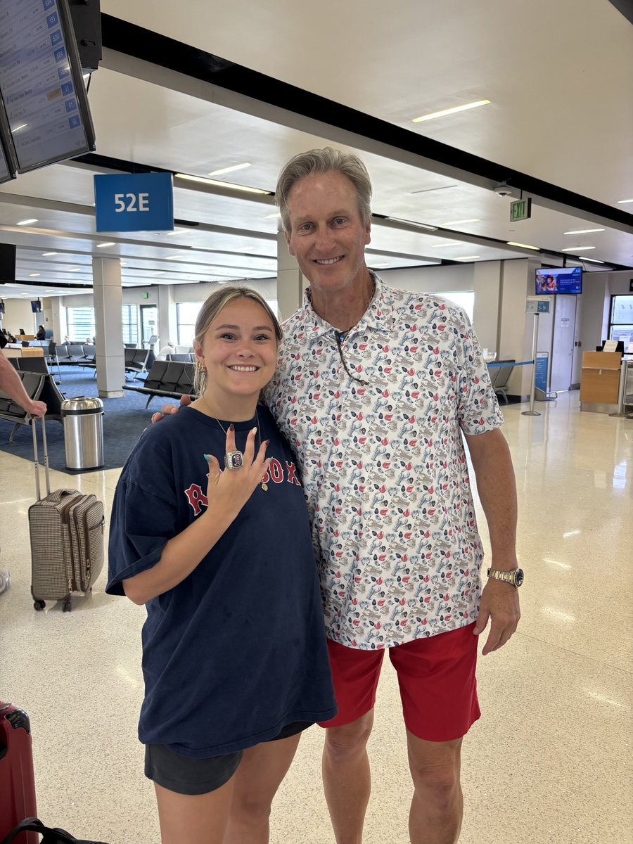JuezBrown's tweet photo. Mr. @SteveLyons1212 thank you for taking some time out of your day and posing with my daughter.   3 brothers, always at a ball field…she gets this moment.  Couldn’t be more proud of my kiddo for repping @RedSox gear in #LAX Safe Travels! https://t.co/pP1WWZuKOV
