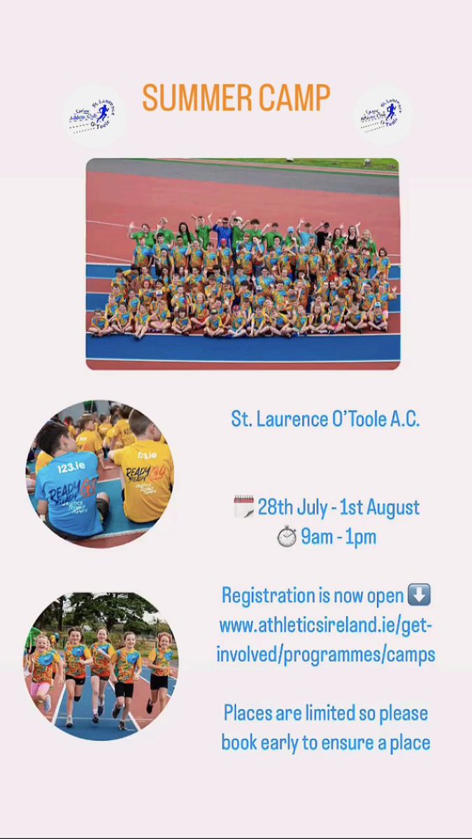 ✨ Summer Camp - Save the Date ✨

Our annual Athletics Ireland Summer Camp will take place this year on

🗓️ 28th July - 1st August 
⏱️ 9am - 1pm

Registration is now open ⬇️
athleticsireland.ie/get-involved/p…

Places are limited so please book early to ensure a place.