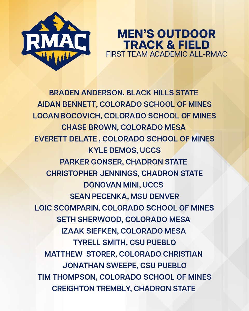 RMAC Sports (@rmac_sports) on Twitter photo The 2025 RMAC Men's Outdoor Track & Field Academic Player of the Year!
Donovan Mini, UCCS!
And the 19-member First Team Academic All-RMAC squad!
More > rmacsports.org/news/2025/6/5/β¦
#EverythingElevated | <a href="/UCCSTRACK/">UCCS Track & Field</a> The 2025 RMAC Men's Outdoor Track & Field Academic Player of the Year!
Donovan Mini, UCCS!
And the 19-member First Team Academic All-RMAC squad!
More > rmacsports.org/news/2025/6/5/β¦
#EverythingElevated | <a href="/UCCSTRACK/">UCCS Track & Field</a>