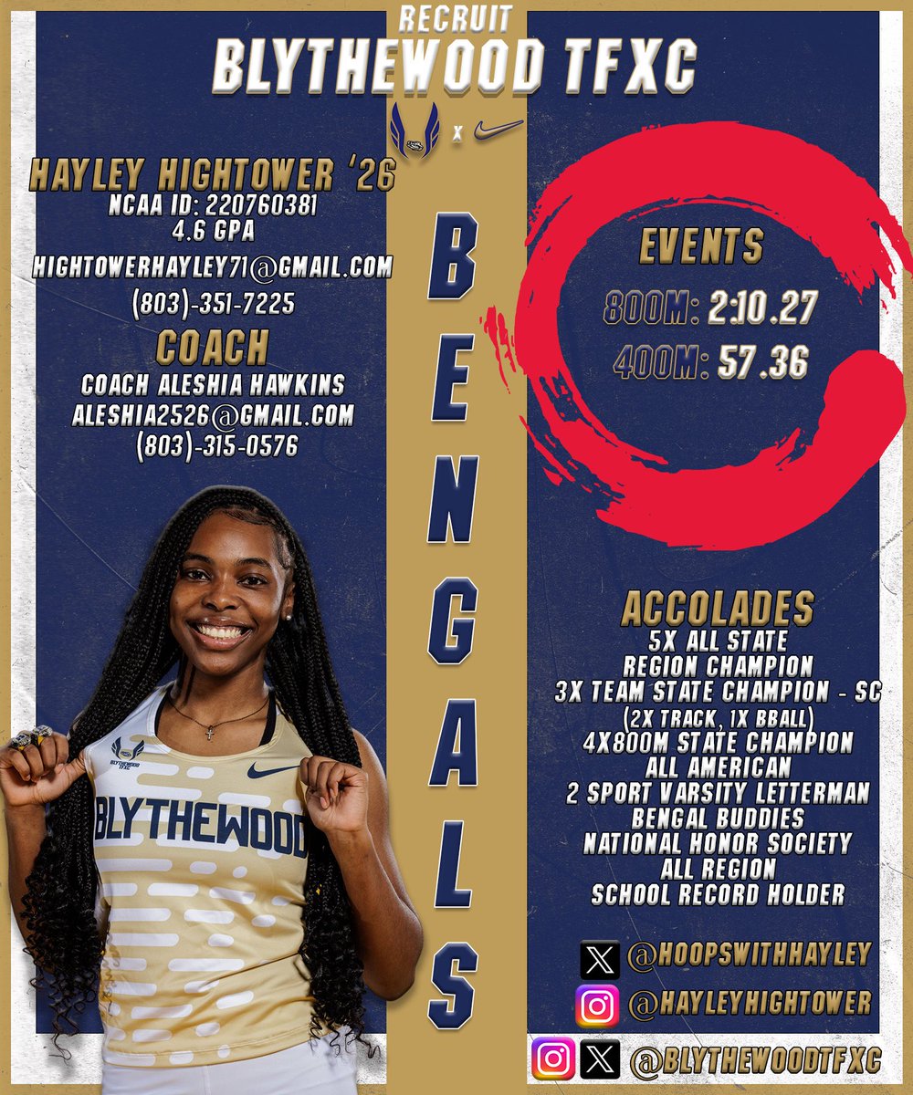 Blythewood Bengals TFXC (@blythewoodtfxc) on Twitter photo π¨ Class of 2026 Spotlight π¨
College Coaches, <a href="/hoopswithhayley/">Hayley Hightower πππΎββοΈ</a> is a standout two-sport athlete with top honors in track & field over just 3 seasons.
Her recruitment is open. DM for interest!
#RecruitBlythewoodTFXC
#BlythewoodTFXC π¨ Class of 2026 Spotlight π¨
College Coaches, <a href="/hoopswithhayley/">Hayley Hightower πππΎββοΈ</a> is a standout two-sport athlete with top honors in track & field over just 3 seasons.
Her recruitment is open. DM for interest!
#RecruitBlythewoodTFXC
#BlythewoodTFXC