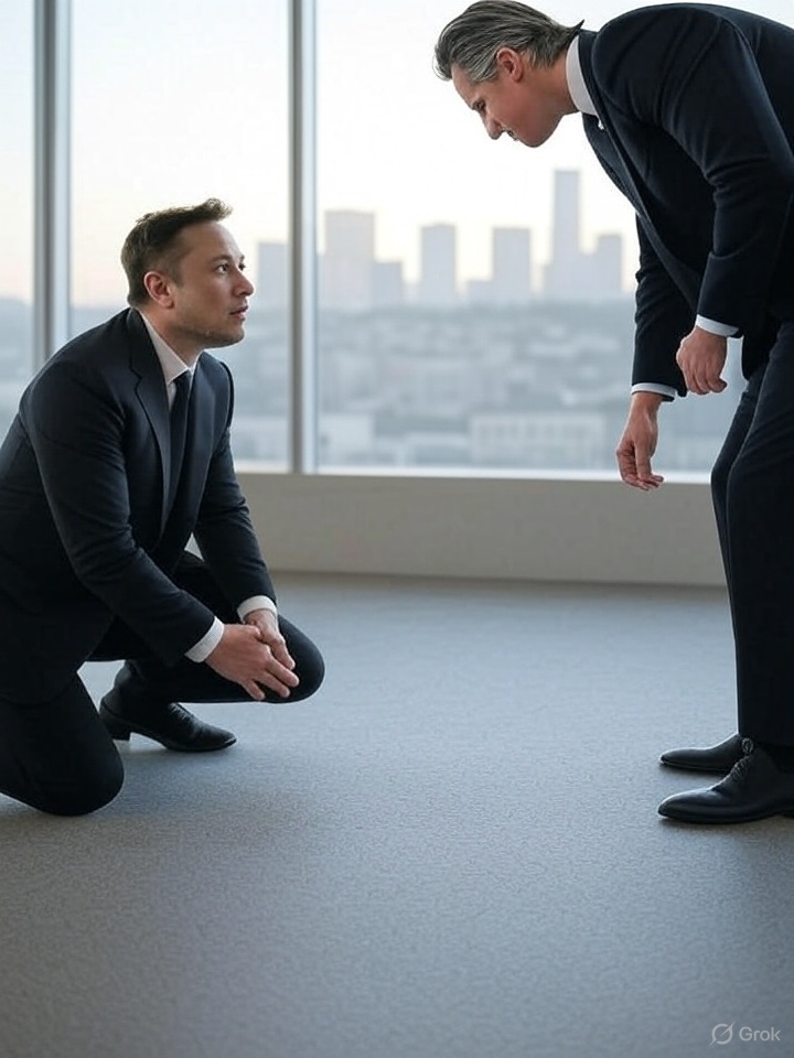 1TexasRednecker's tweet image. BREAKING
Elon begs Gavin for forgiveness.
Says he'll move Tesla back to California and back him for a 2028 run...
