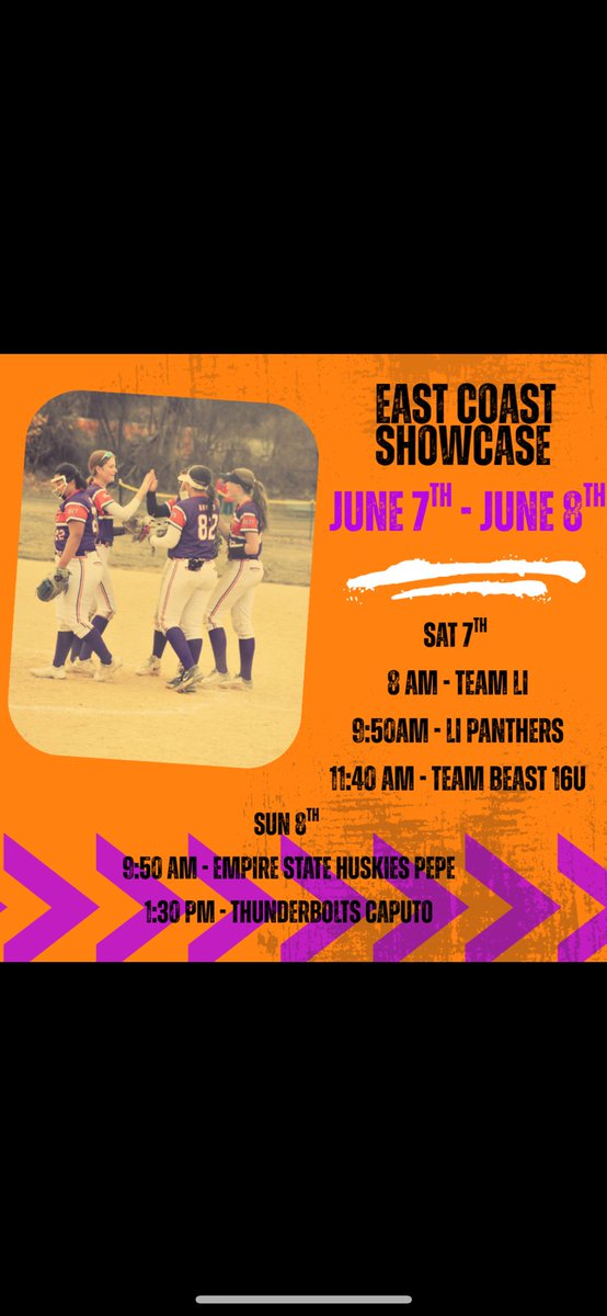 And we’re off… Come check out this talented crew of recruitable ladies! 

Midway Sports Complex 
3254 Millcreek Rd 
Wilmington, DE 19808 

Saturday- 
8am- field 1
950 and 1140- field 2

Sunday-
950 and 130- field 3