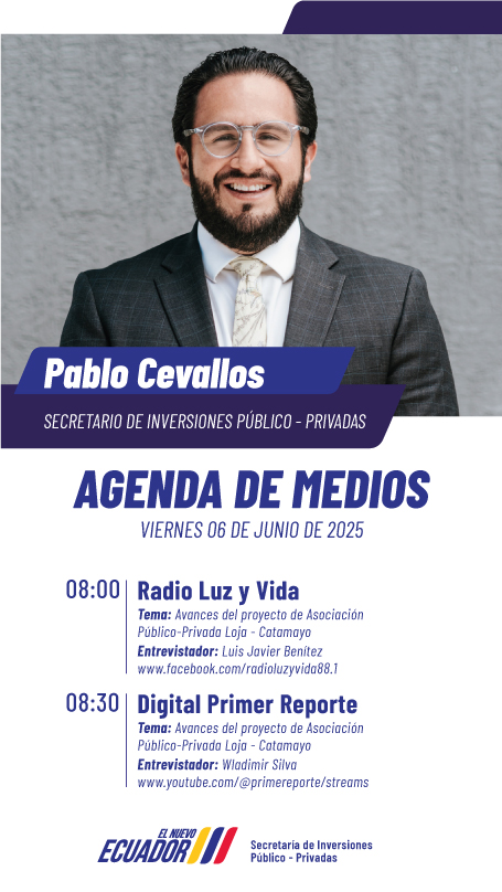 #SIPPenMedios💻| Escucha las entrevistas del secretario <a href="/PabloJCevallosP/">Pablo Cevallos Palomeque</a> en:

Radio Luz y Vida
👉facebook.com/radioluzyvida8…

Primer Reporte
👉youtube.com/@primereporte/…

¡Conoce sobre los Avances del proyecto de Asociación
Público-Privada Loja - Catamayo!

#ElNuevoEcuadorNoSeDetiene 🇪🇨