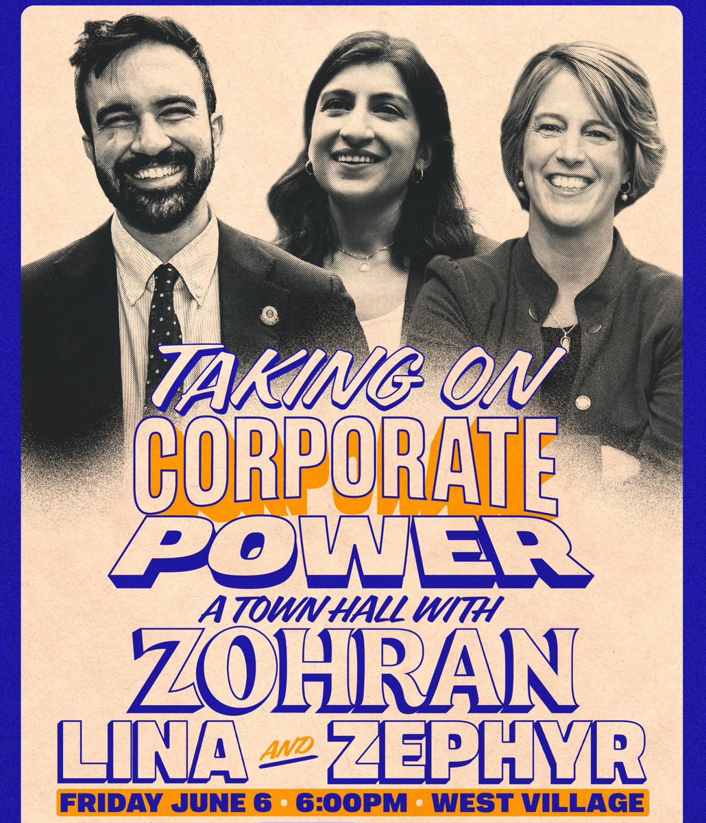 Looking forward to joining <a href="/linamkhan/">Lina Khan</a> and <a href="/ZephyrTeachout/">Zephyr Teachout</a> tomorrow night to talk about how city government can fight concentrated corporate power and deliver for working people.