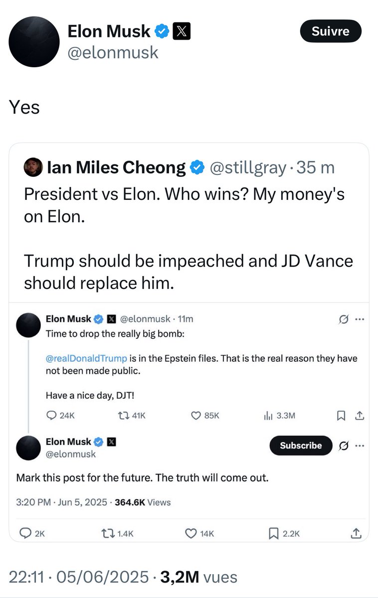 Ok donc Musk pense que Trump devrait être empêché.