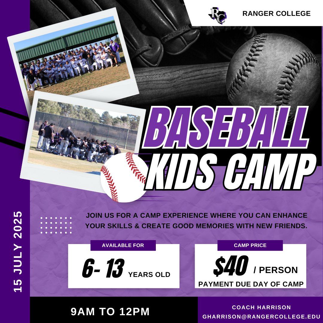 Ranger College Baseball (@rangerbaseball_) on Twitter photo Calling all 6-13 yr old who want to learn more about baseball and have a little summer fun! Ranger Baseball is hosting a summer day camp. We will learn about baseball fundamentals then we will finish with water slides and water balloon fun!
Sign-up Link: forms.gle/wLhUDPuhrBKpsQ… Calling all 6-13 yr old who want to learn more about baseball and have a little summer fun! Ranger Baseball is hosting a summer day camp. We will learn about baseball fundamentals then we will finish with water slides and water balloon fun!
Sign-up Link: forms.gle/wLhUDPuhrBKpsQ…