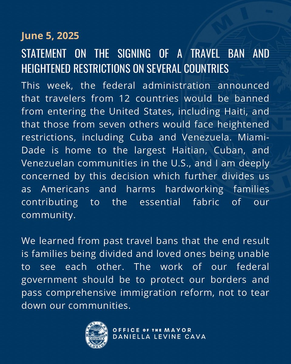 We learned from past travel bans that the end result is families being divided and loved one unable to see each other. The work of our federal government should be to protect our borders and pass comprehensive immigration reform, not tear down our communities. My statement: