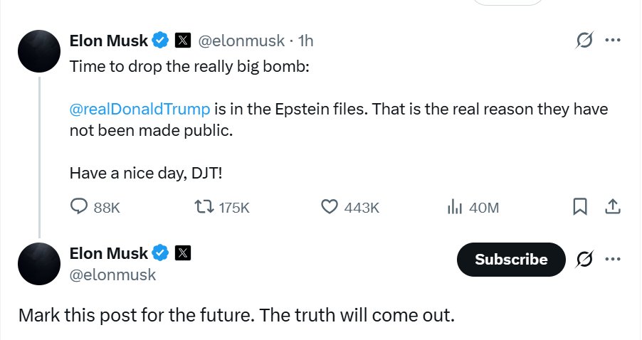 CubaOrtografia's tweet image. El horno no está para pastelitos. Esta saga se está poniendo súper trágica, peligrosa y complicada.

Hace una hora, Elon Musk publicó esto: 

Es hora de soltar el bombazo de verdad. Donald Trump está en los archivos de (Jeffrey) Epstein. Esa es la verdadera razón por la que no se…