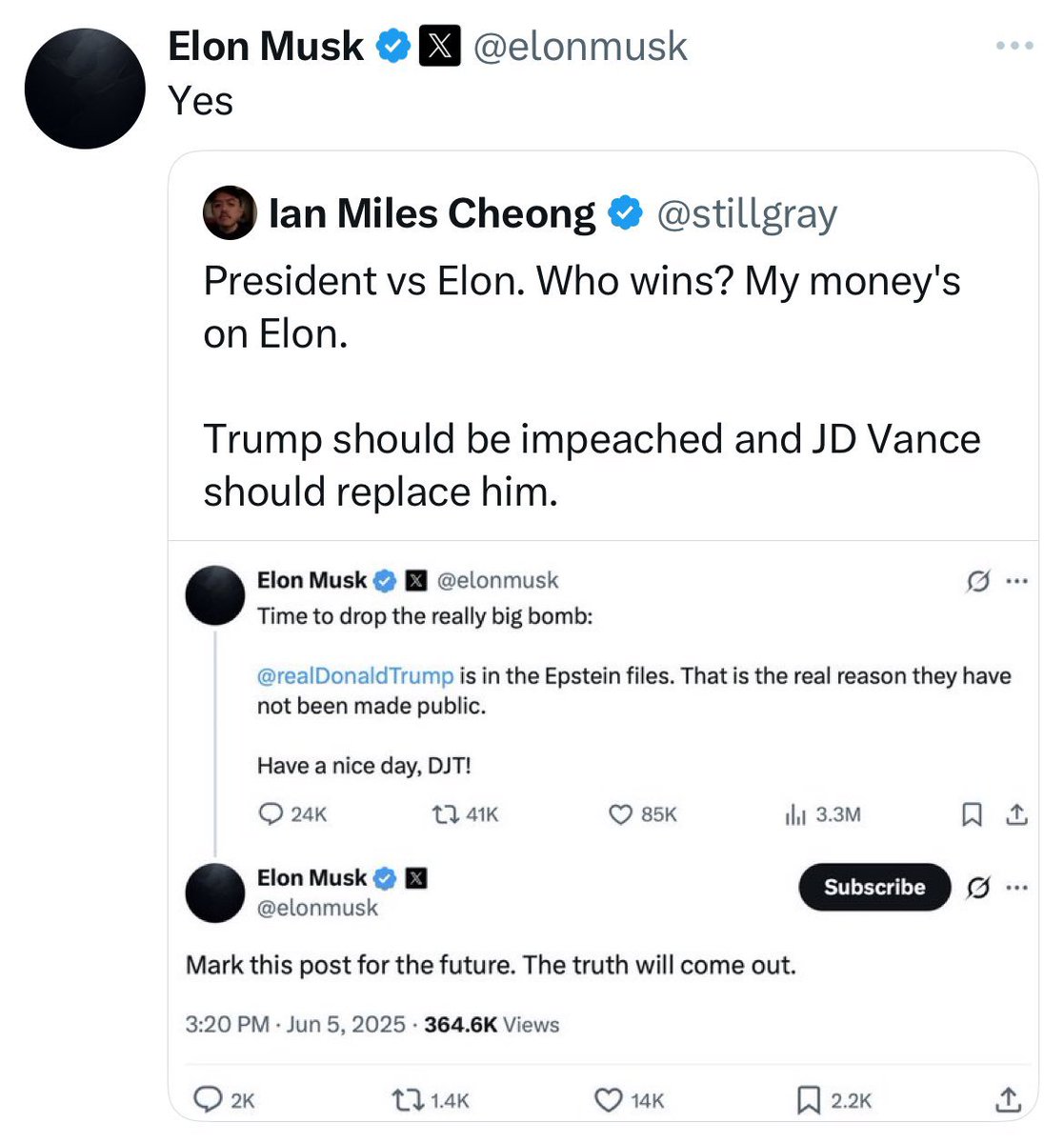 JUST IN - Elon agrees Trump should be impeached and replaced by Vance.