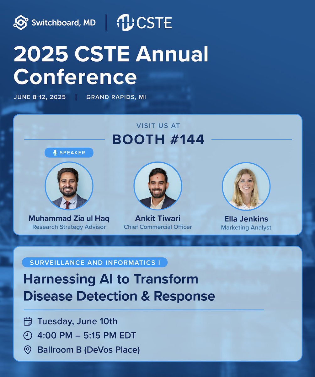 We're looking forward to a great week in Grand Rapids for #CSTE2025!

Stop by Booth 144 to connect with the Switchboard, MD team and see how physician-built AI is accelerating public health surveillance and clinical communication as a whole. And don’t miss Muhammad Zia ul Haq's,