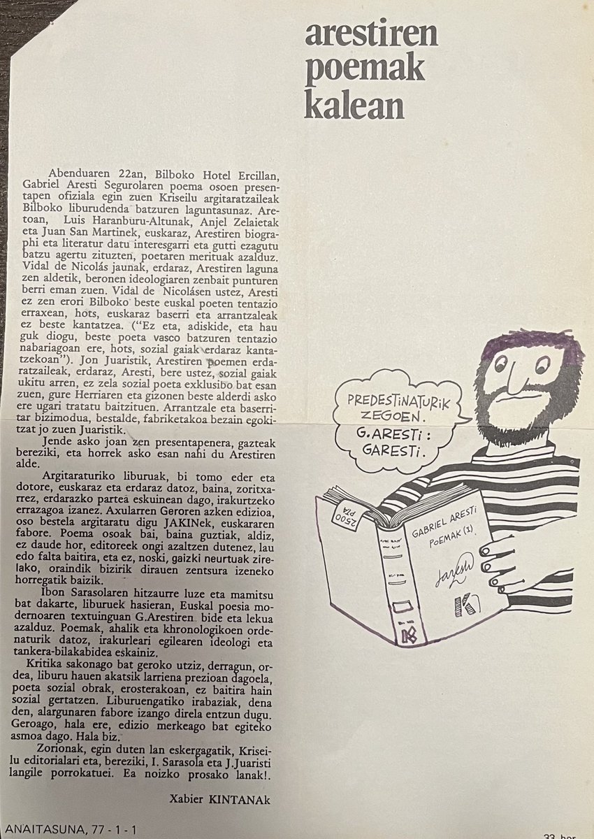 Gaur, Aresti hil zela 50 urte.
Haren obrari errepasoa emateko egun aproposa. #Aresti