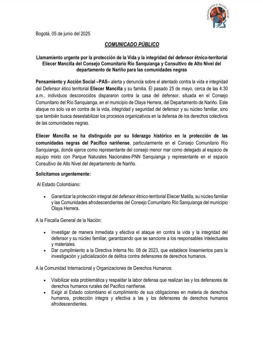 #ComunicadoPúblico | Llamamiento urgente por la Vida y la integridad del defensor étnico-territorial Eliecer Mancilla del Consejo Comunitario Río Sanquianga y Consultivo de Alto Nivel del departamento de Nariño para las comunidades negras. 
Ver +: pas.org.co/post/comunicad…