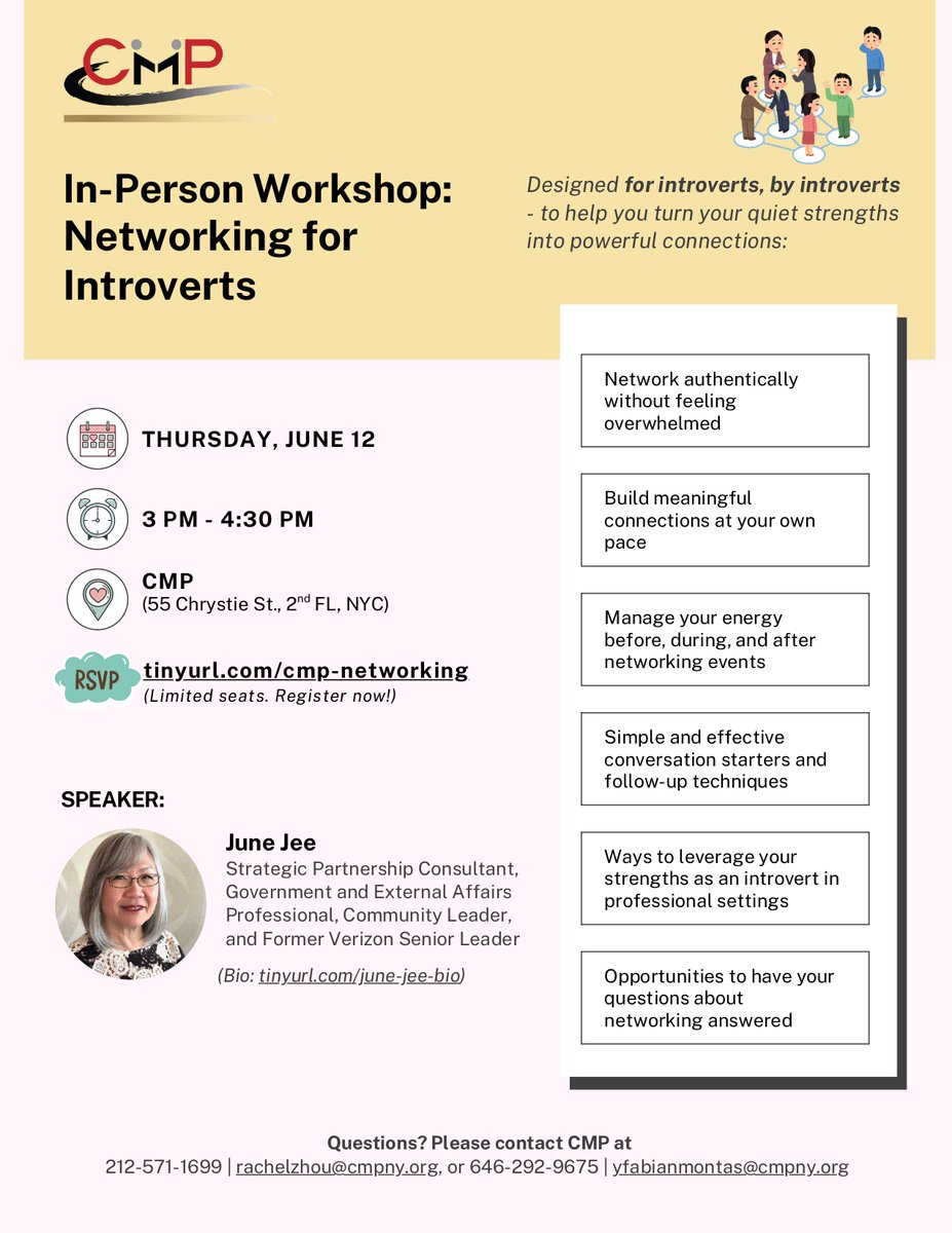 🤯Are you an introvert who finds networking overwhelming? You're not alone🫂

CMP is excited to host a Networking for Introverts Workshop, featuring speaker 🎤June Jee, tailored to help introverts thrive in professional settings.

🗓️ June 12 3 PM

🎯 RSVP: form.jotform.com/251345869927169