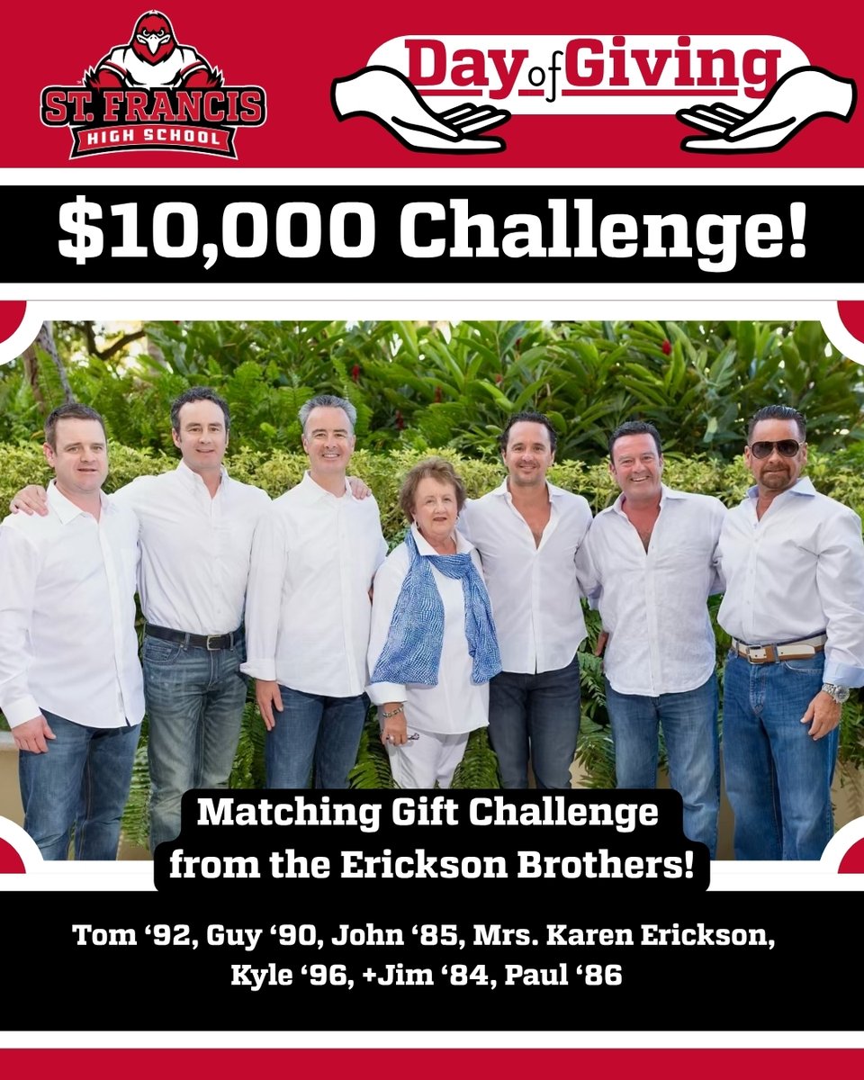 Stfrancishigh's tweet image. 🚨 $10,000 Matching Gift Challenge! 🚨
The Erickson Brothers—grateful alums from the ’80s & ’90s—are giving back!
🎯New donors = dollar-for-dollar match
🎯You've got 2 hours—let’s make it count!
interland3.donorperfect.net/weblink/WebLin…
#SFHSDayofGiving