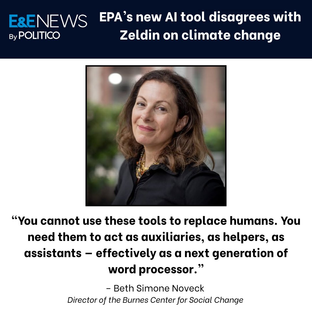 The EPA’s new AI tool contradicts Trump admin climate claims. In <a href="/EENewsUpdates/">E&E News</a>, <a href="/bethnoveck/">Beth Simone Noveck</a> warns: “You cannot use these tools to replace humans.” eenews.net/articles/epas-…