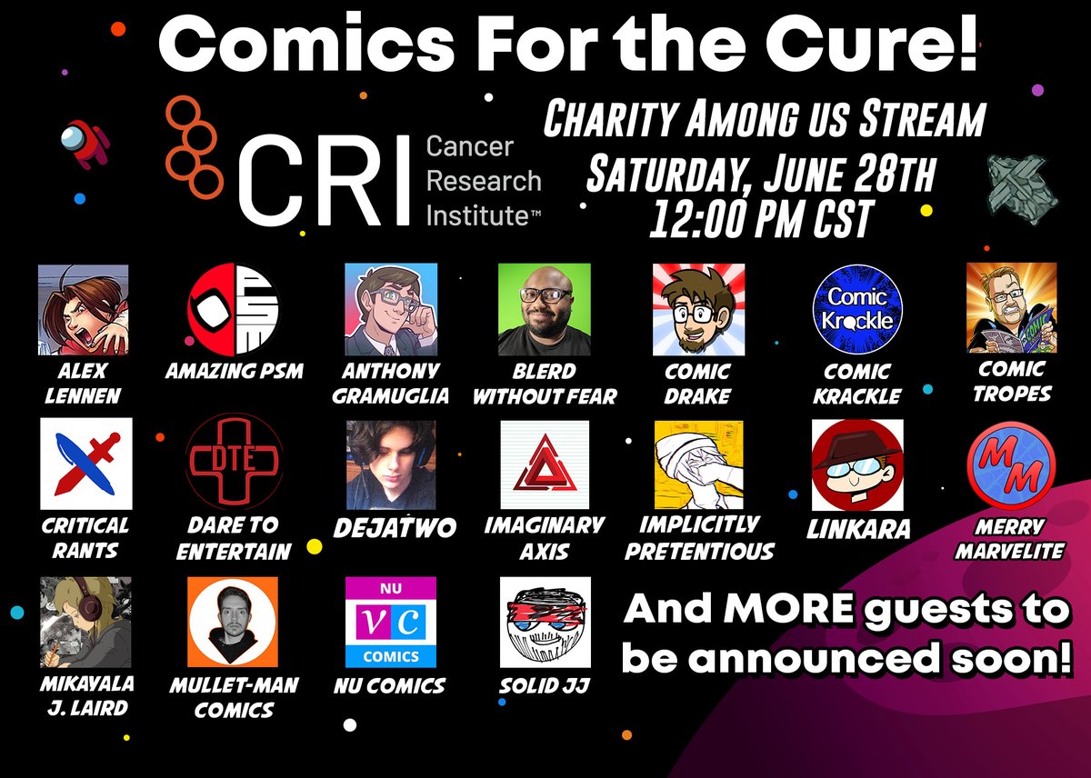 TrailerDrake's tweet image. I've assembled some of the best comic book YouTubers and TikTokers for a charity Among Us stream in benefit of @CancerResearch on the 28th!

You're sus if you don't watch.