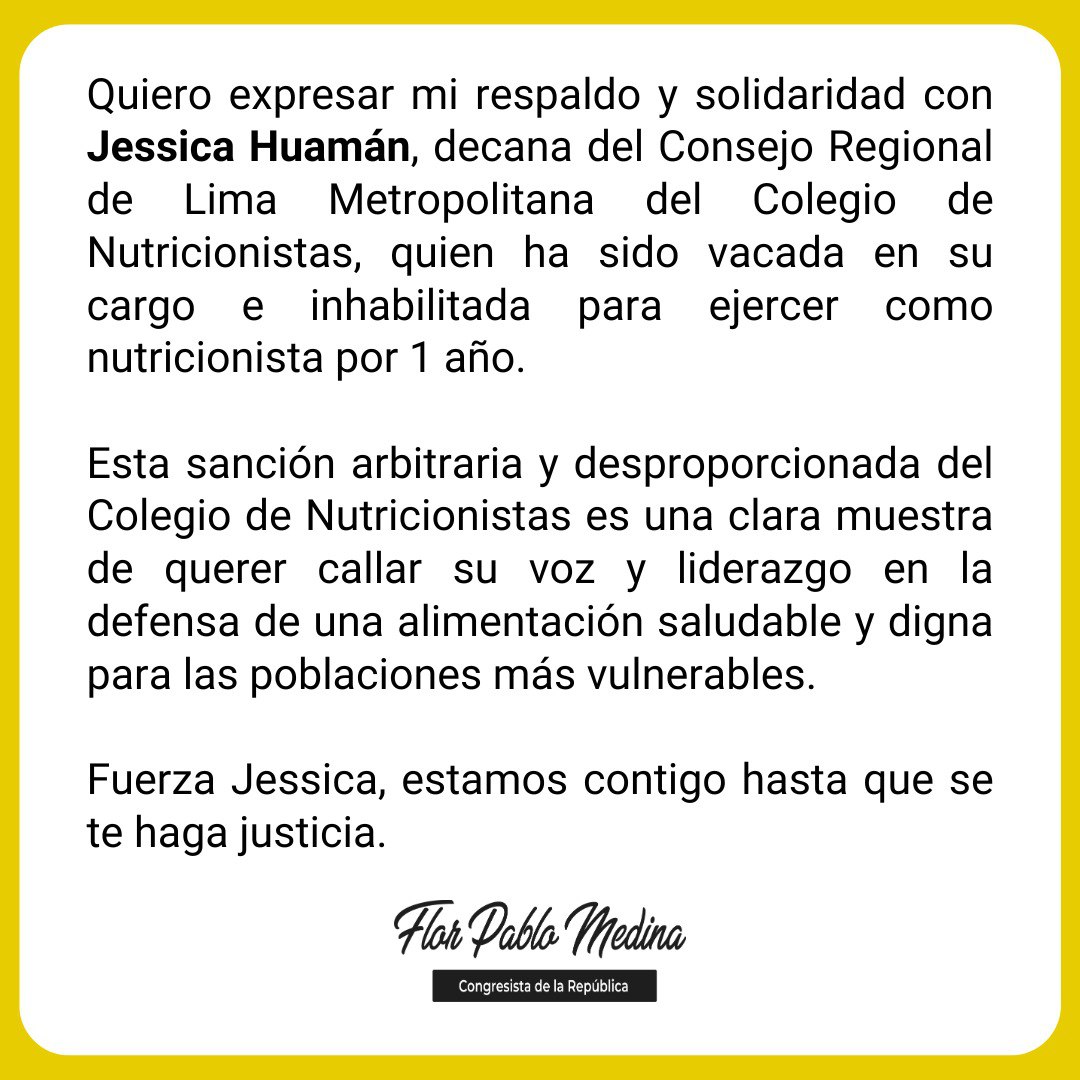 Flor Pablo Medina 🇵🇪 (@florpablomedina) on Twitter photo Mi respaldo y solidaridad con <a href="/JessicaHuaman_/">Jessica Huamán</a>, decana del <a href="/ColeNutrisLima/">CR de Lima Metropolitana-Colegio de Nutricionistas</a> del Colegio de Nutricionistas. Mi respaldo y solidaridad con <a href="/JessicaHuaman_/">Jessica Huamán</a>, decana del <a href="/ColeNutrisLima/">CR de Lima Metropolitana-Colegio de Nutricionistas</a> del Colegio de Nutricionistas.